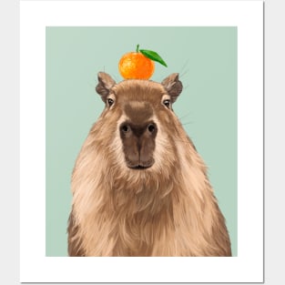 Capybara with Mandarin Orange on Head Posters and Art